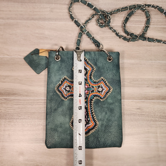 P&G Rhinestone Western Turquoise Cross Metal Studded Crossbody Messenger Bag NWT - Picture 9 of 11